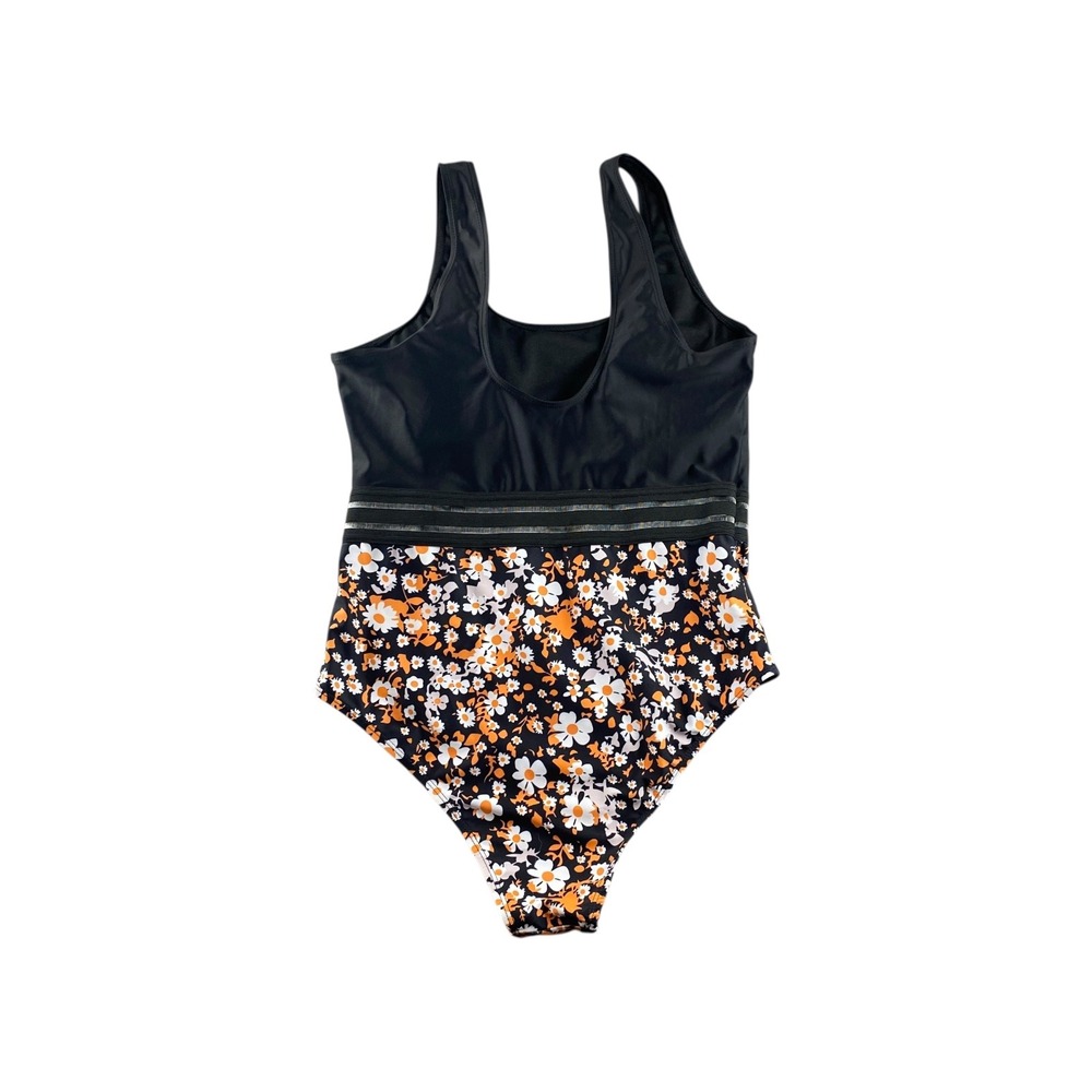 Womens One Piece Swimsuit Black Floral Print Tankini Style Mesh Accent Size L - Picture 4 of 4